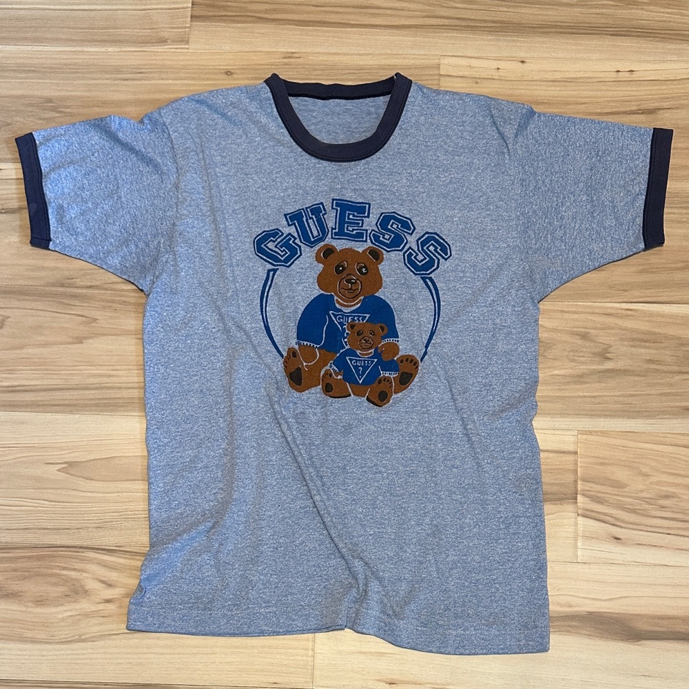 Vintage Guess Heather Blue Tee with Bear and Blue Accents L